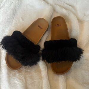 UGG Diane Wisp furry slides black natural cork and fluff blend sole size 7